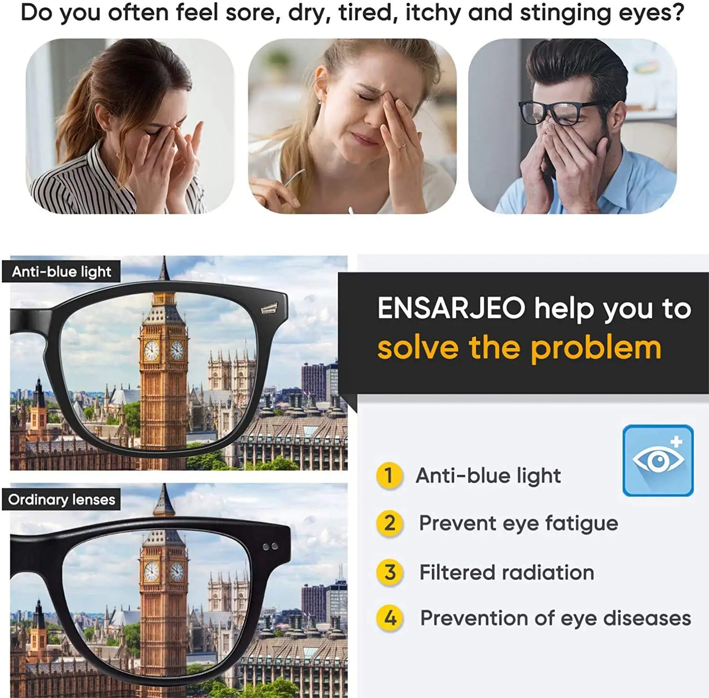 Square Anti-Blue Ray Eyeglasses for Computer & Gaming